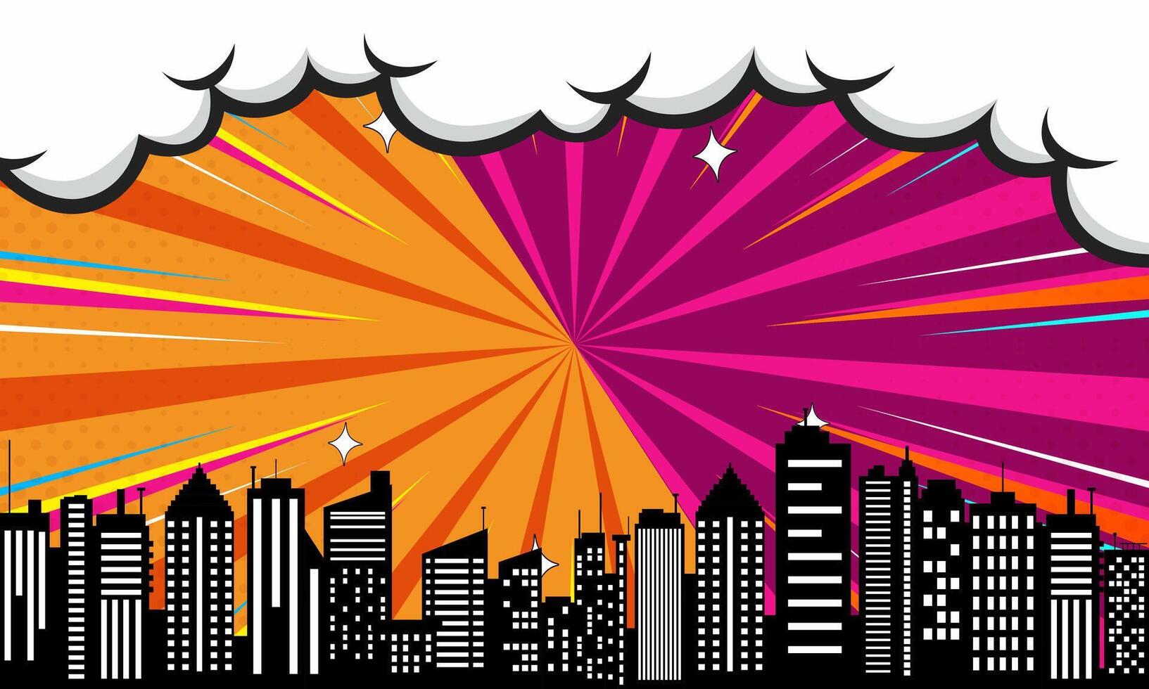 Comic Burst Background with Cityscape Silhouette, Orange and Magenta Pop Art Style vector