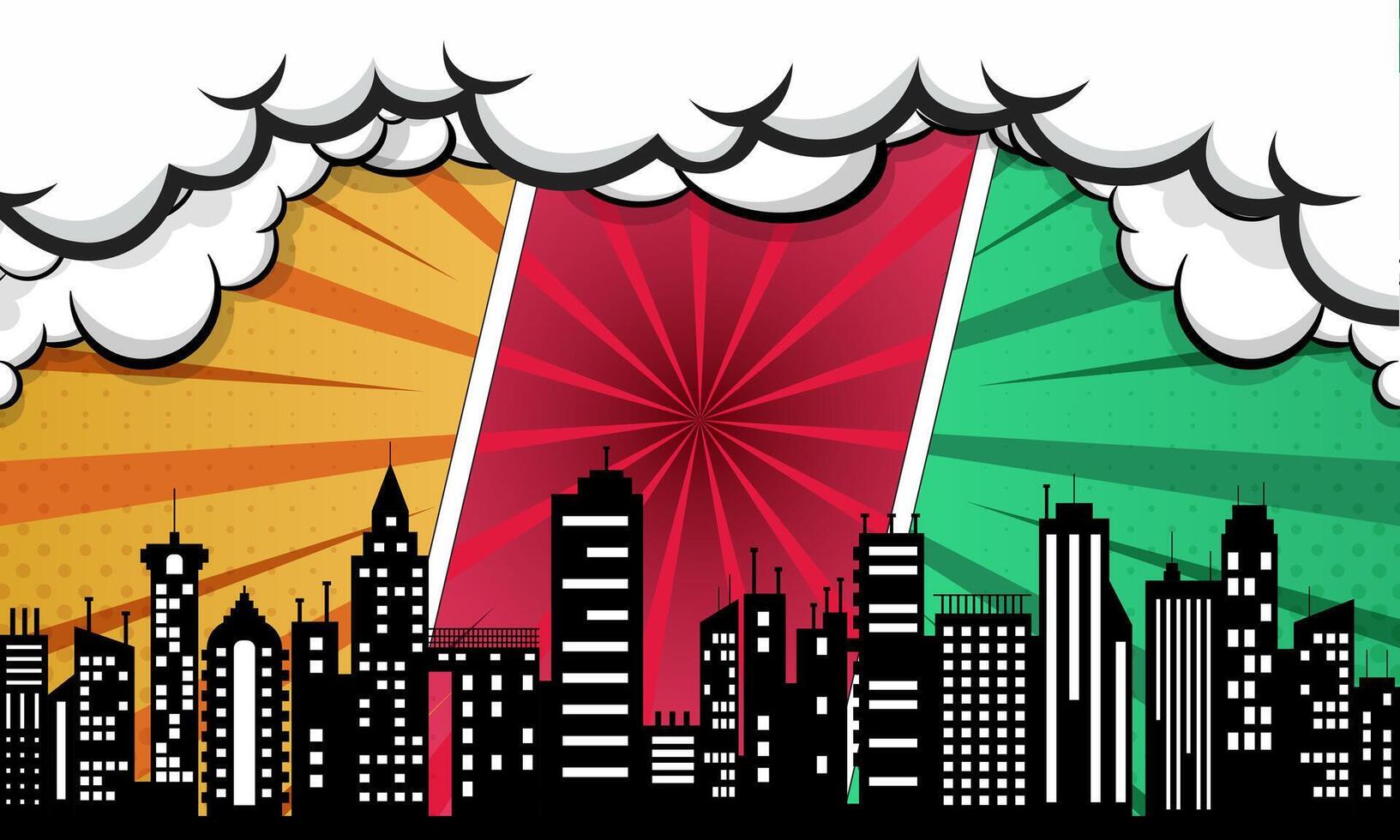 Comic Style Skyline with Buildings, Cloud and Orange, Red, Green radial halftone Background vector