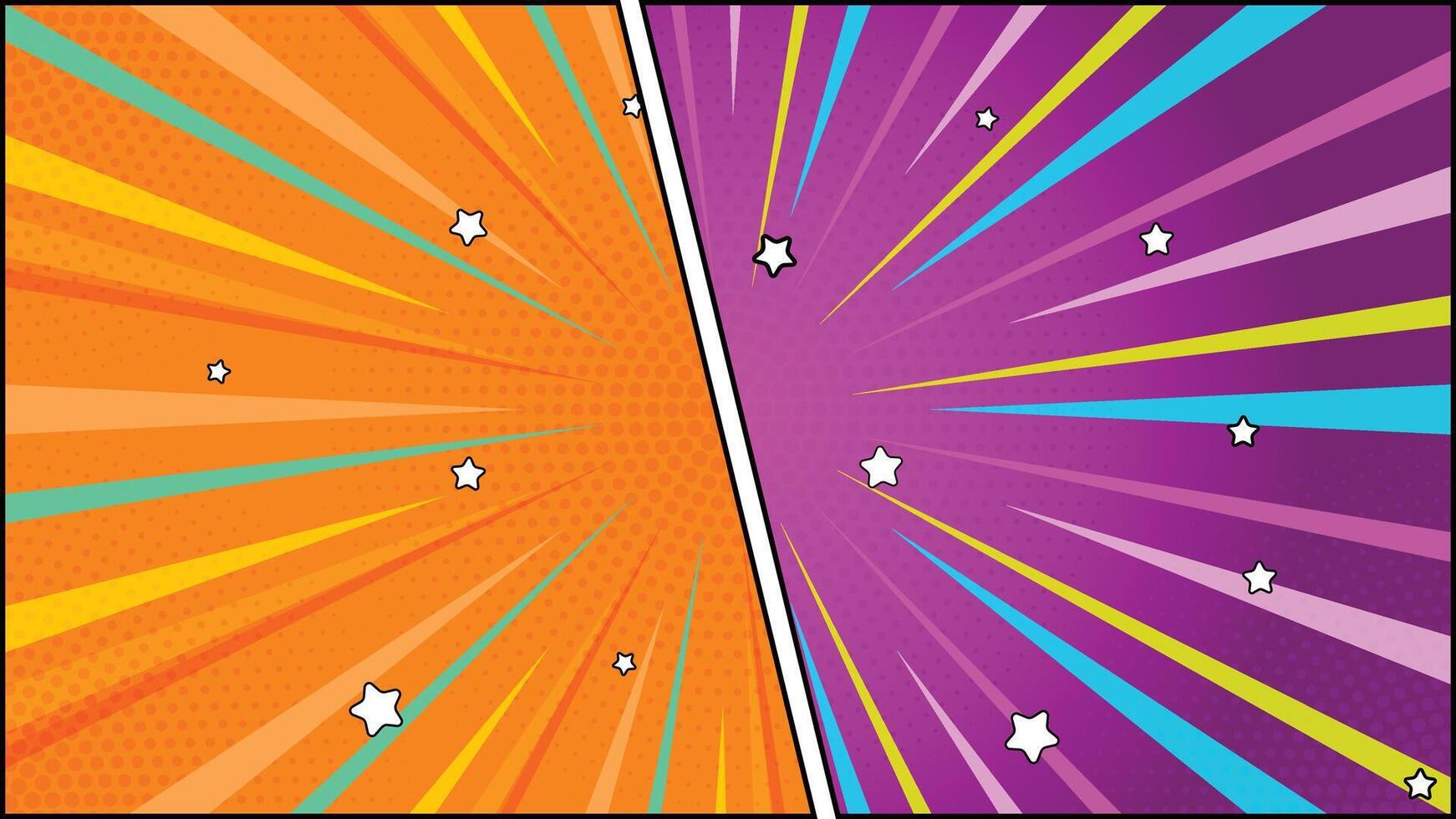 Bright Orange Purple Comic Background with Halftone Dots and Star Accents vector