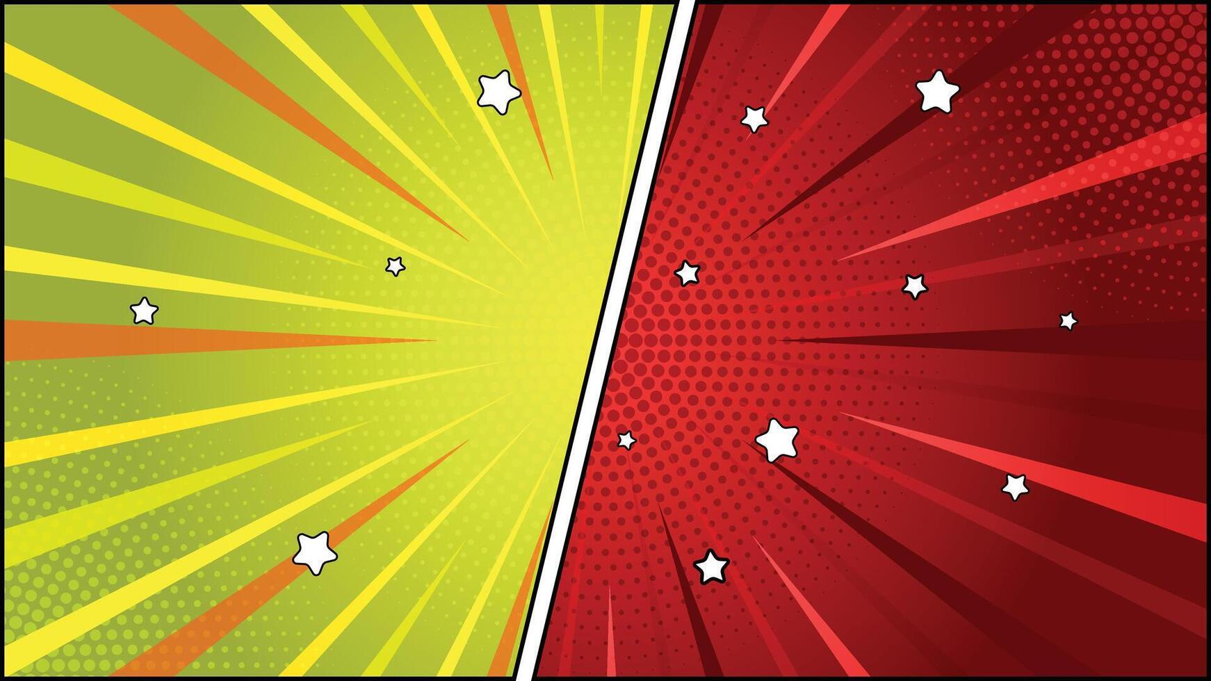 Divided Comic Style Background with Halftone, Radial Lines and Stars on Red and Green vector
