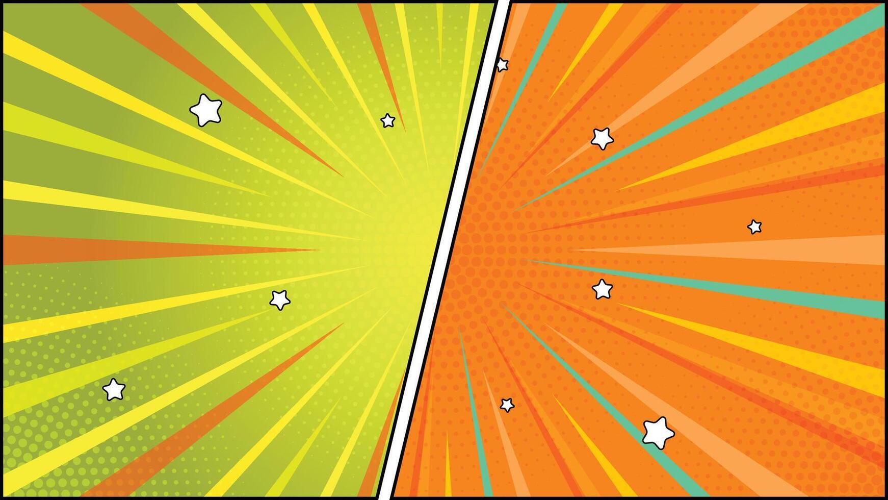 Split Retro Comic Burst Backgrounds, Green Yellow and Orange Rays with Halftone vector