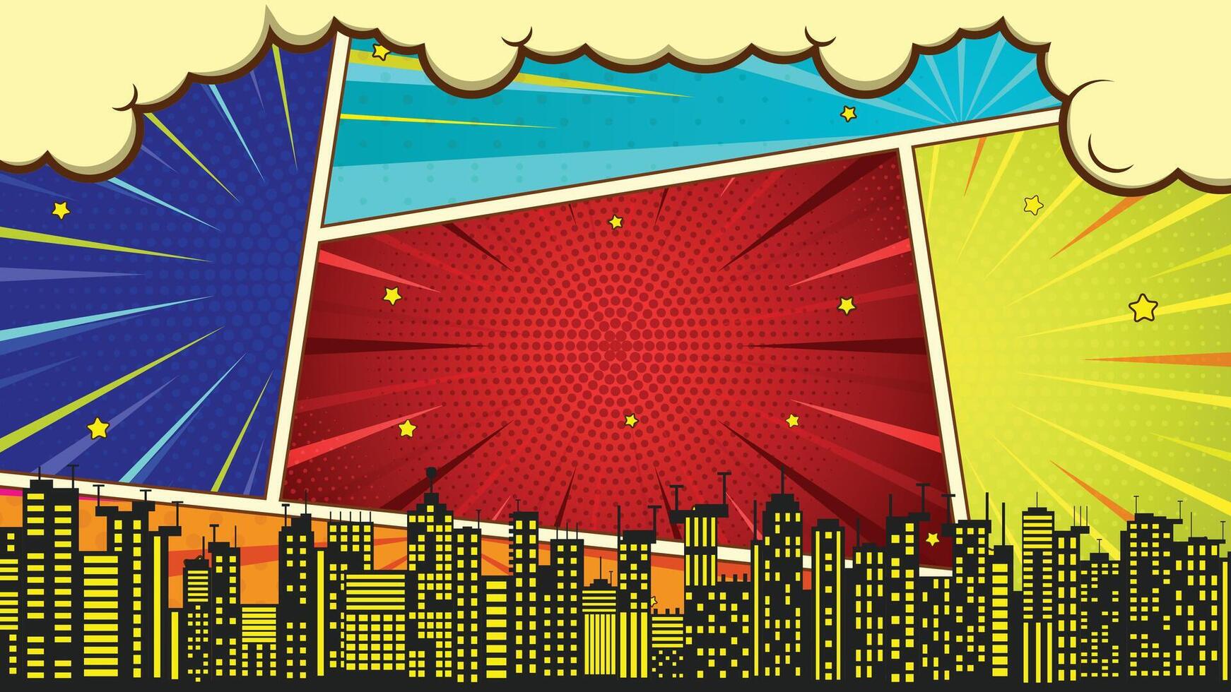 Colorful Comic Book Layout with Black City Skyline Silhouette and Cartoon Effects vector