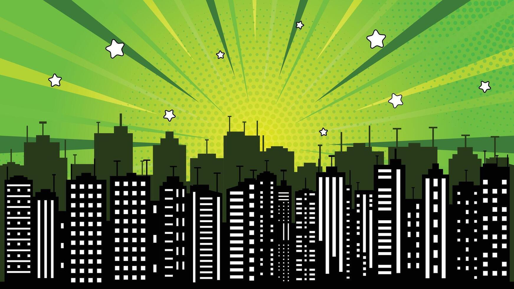 Cityscape Silhouette with Green Comic Effect Burst and Star Accents Art vector