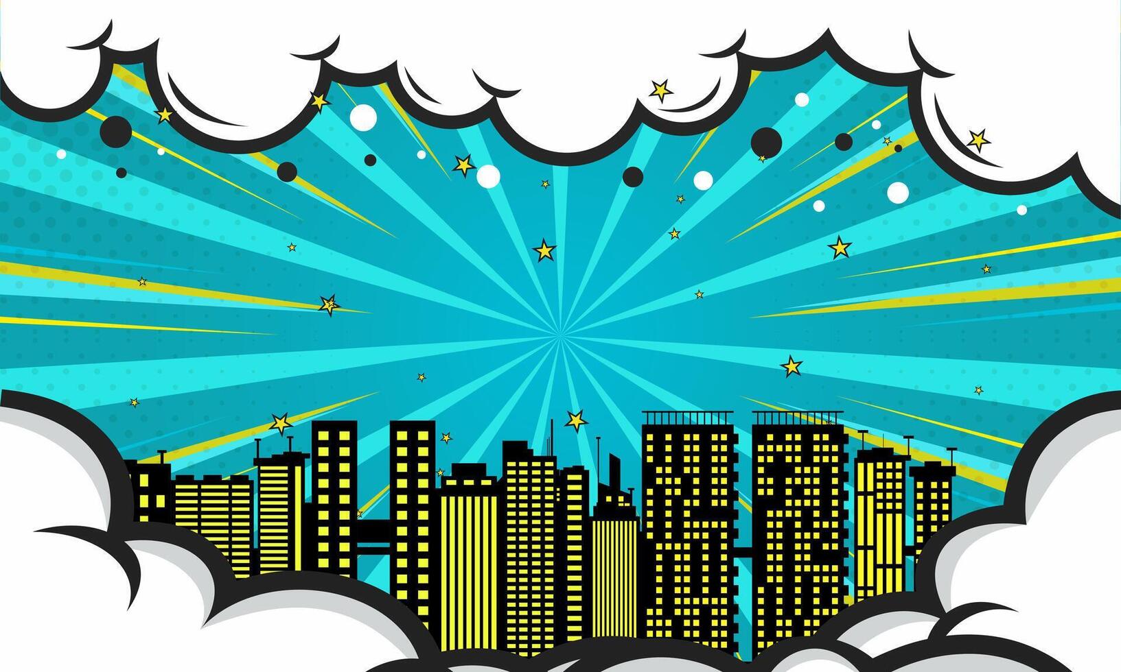 Comic Cityscape Burst, Starry Sky, Buildings Silhouette, Retro Pop Art Style, Modern Background vector