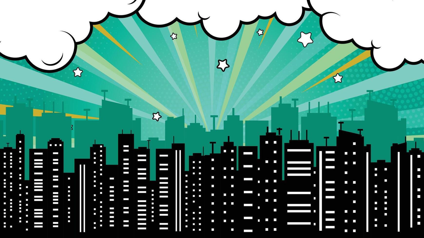 Comic Style Cityscape with Skyscrapers, Burst Background, White Clouds, and Star Accents vector