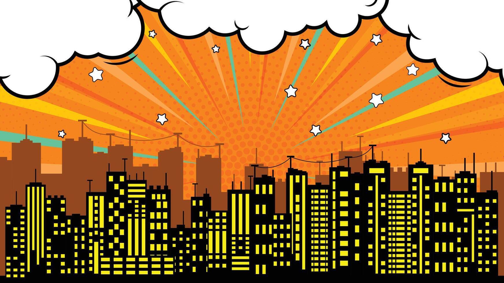 Retro Skyline Background with Pop Art Cloud, Rays and Stars, Comic Book Style vector
