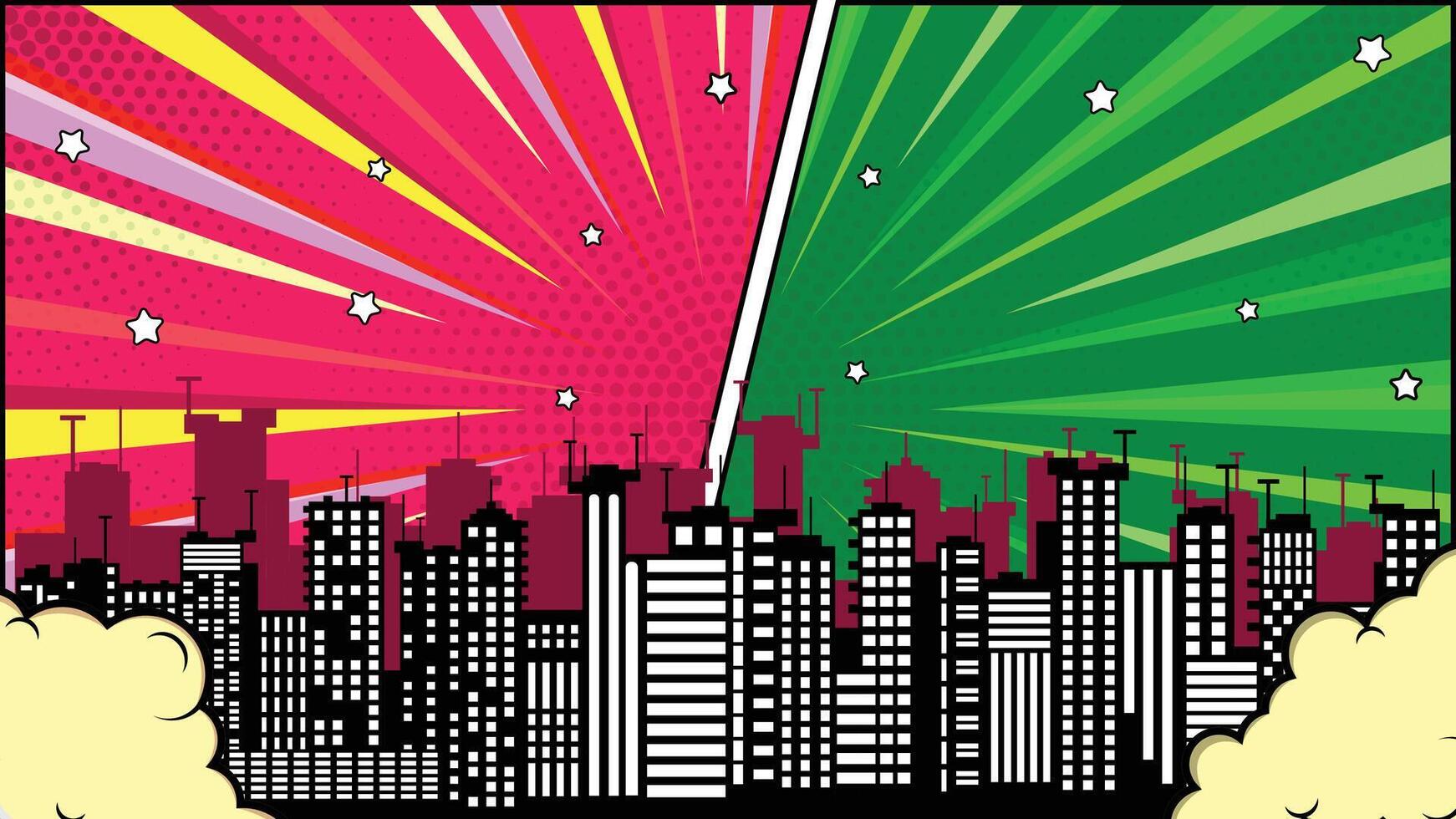 Comic Style Split Cityscape with Red , Green Sunburst Backgrounds and Buildings vector