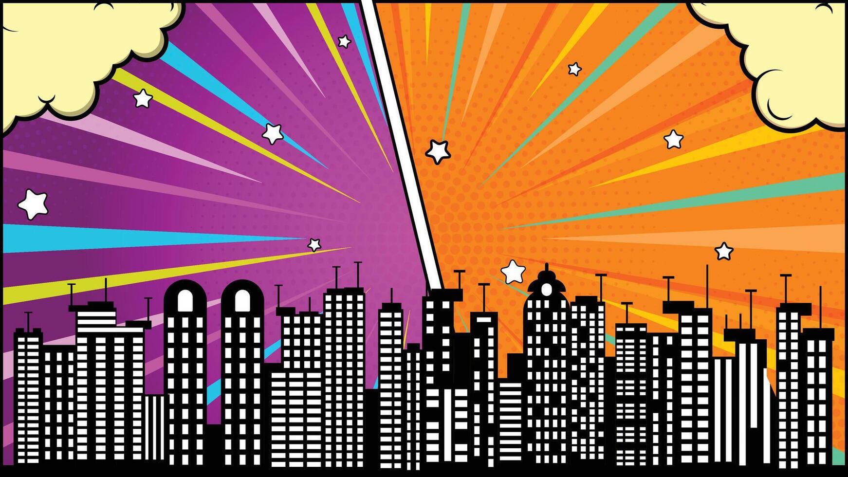 Comic Style Vibrant Cityscape with Retro Halftone and Burst Effects Backdrop vector