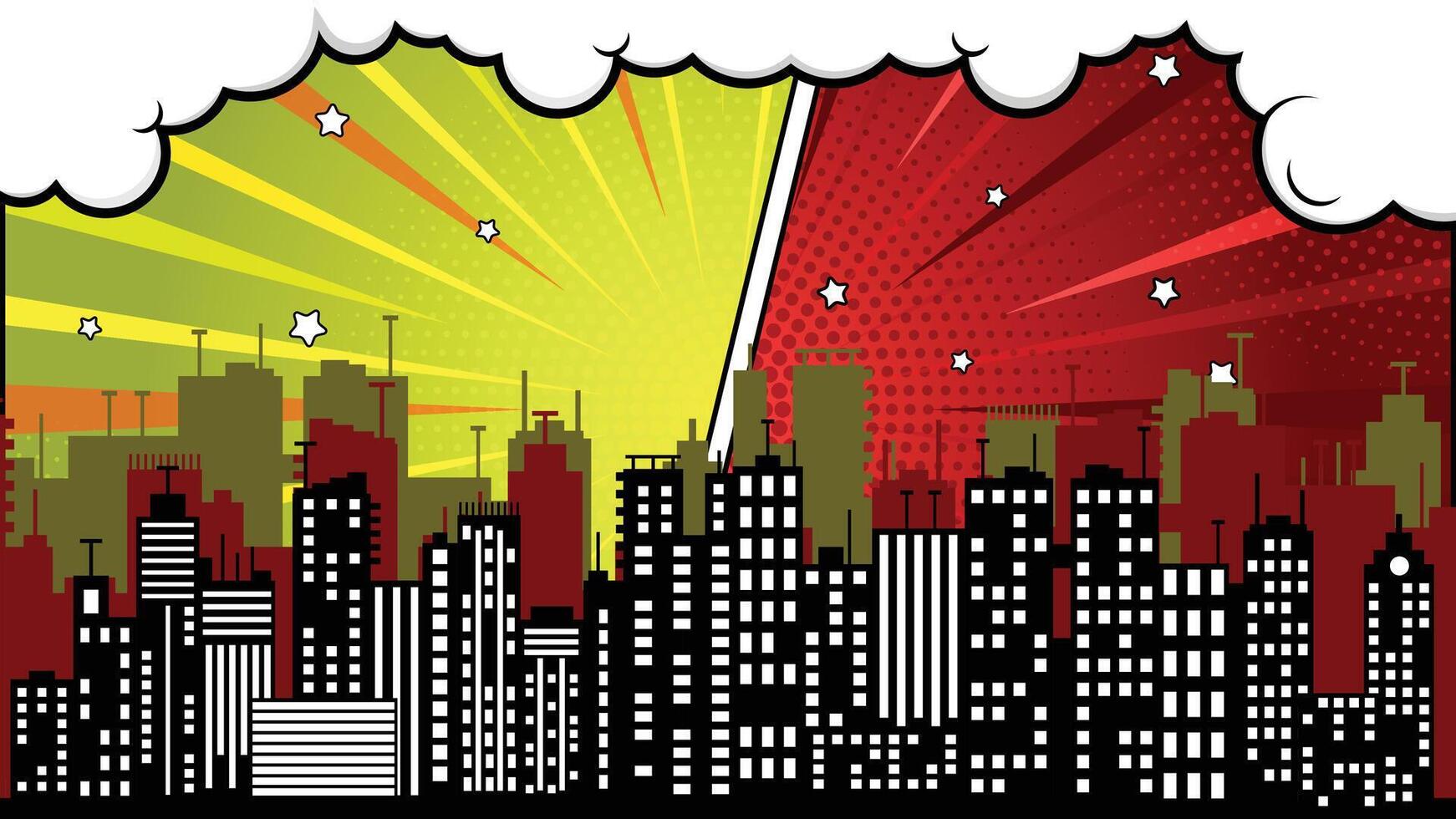 Comic Cityscape Background with Retro Burst Effects and Silhouette Skyline vector