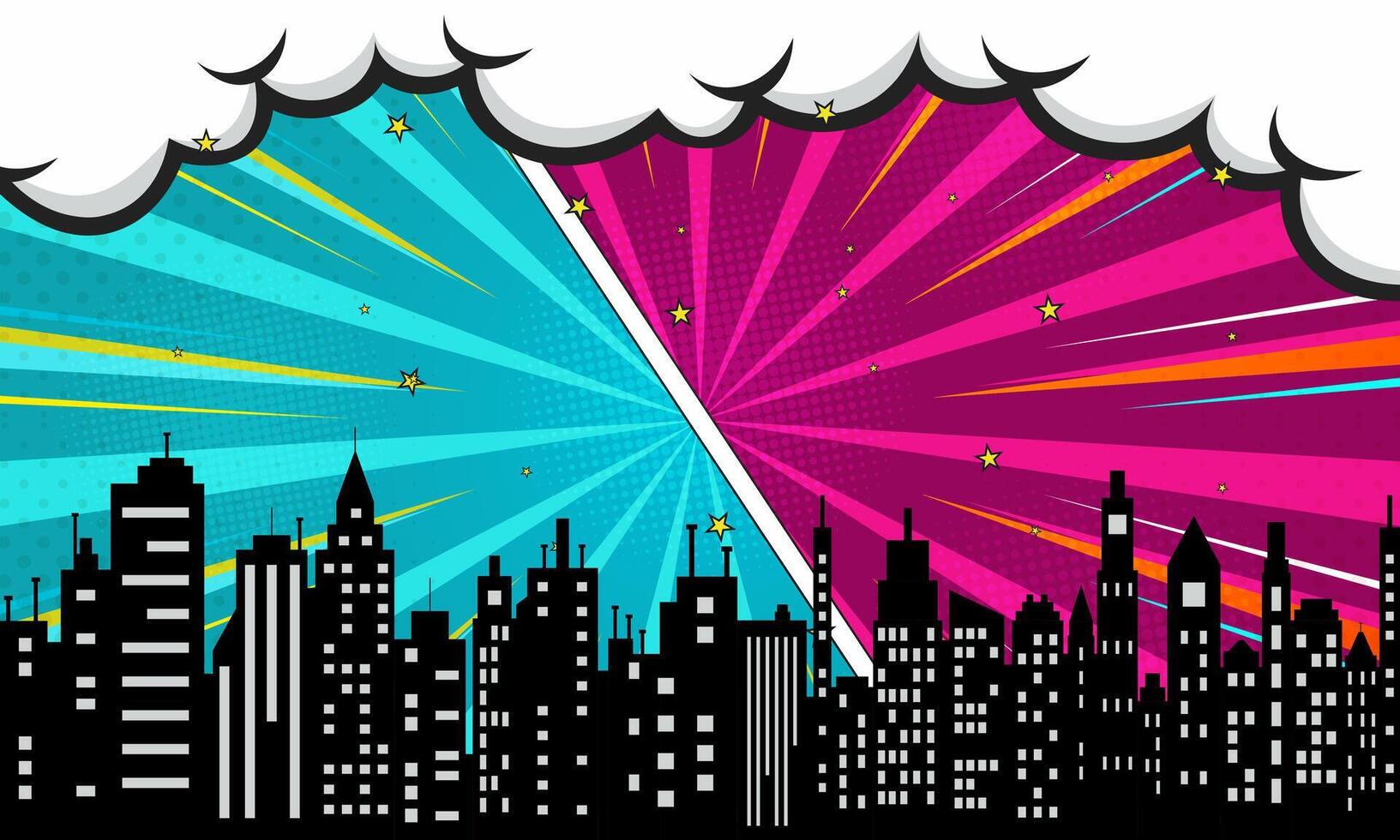 Vibrant Comic Book Layout with Cityscape Silhouette, Pop Art Burst and Stars vector