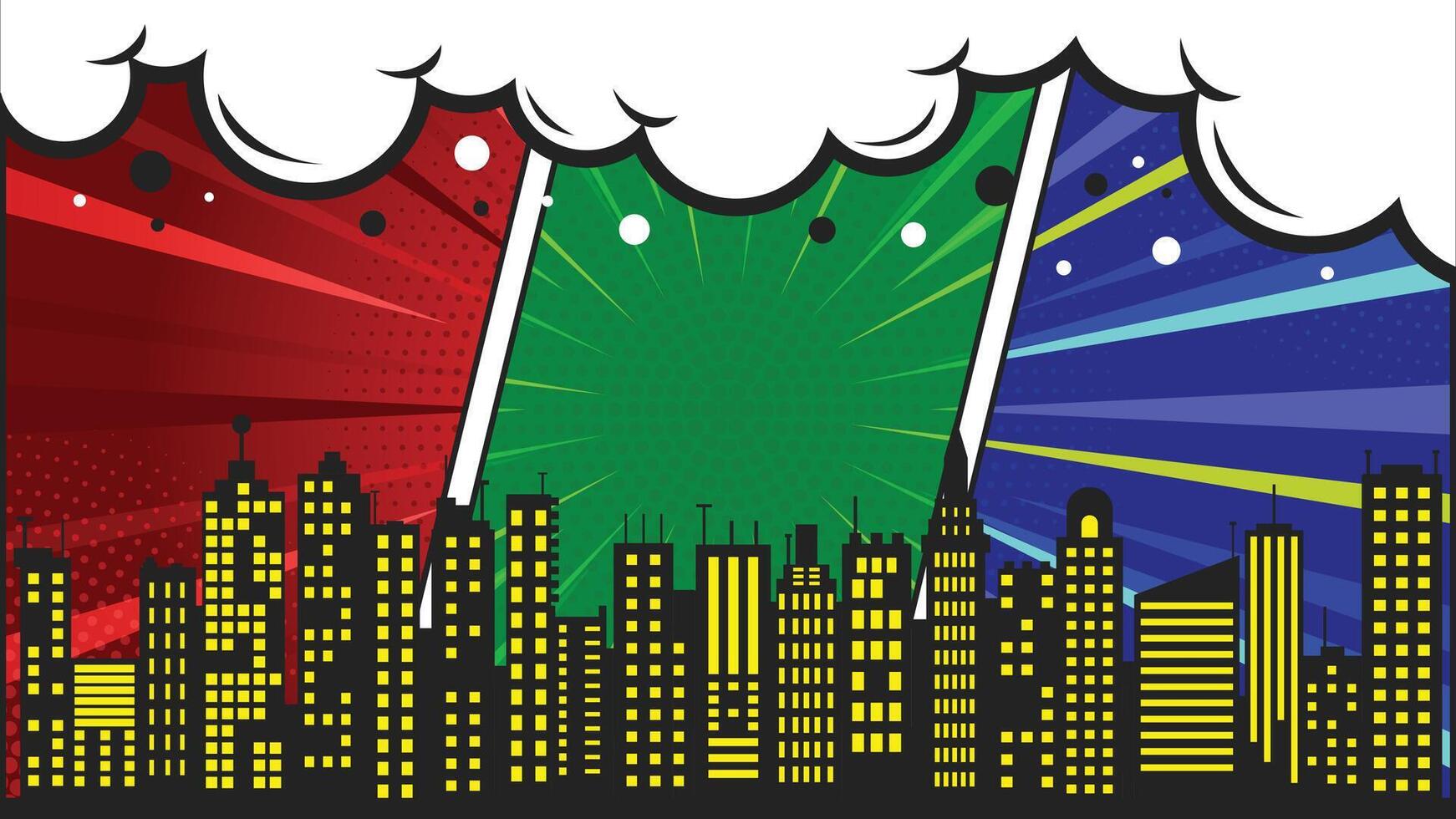 Comic Style Metropolis Skyline Cityscape Background with Retro Burst Halftone Texture Pop Art vector