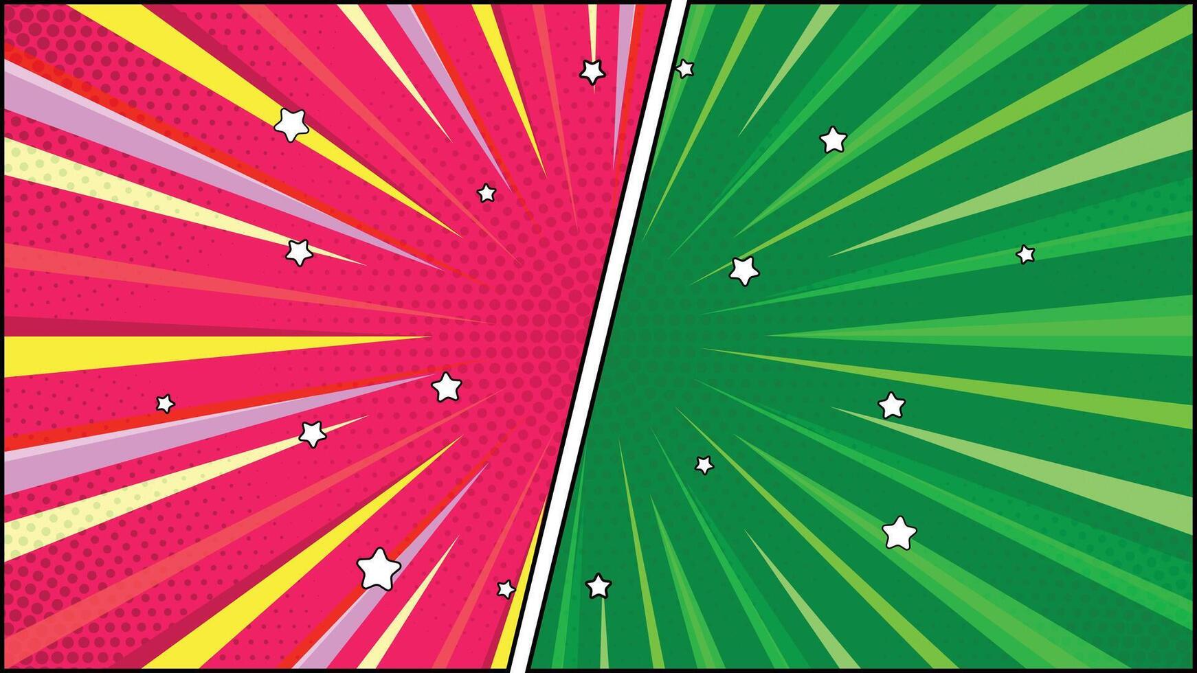 Split Comic Book Panel with Pink and Green Radial Burst and Star Accents vector