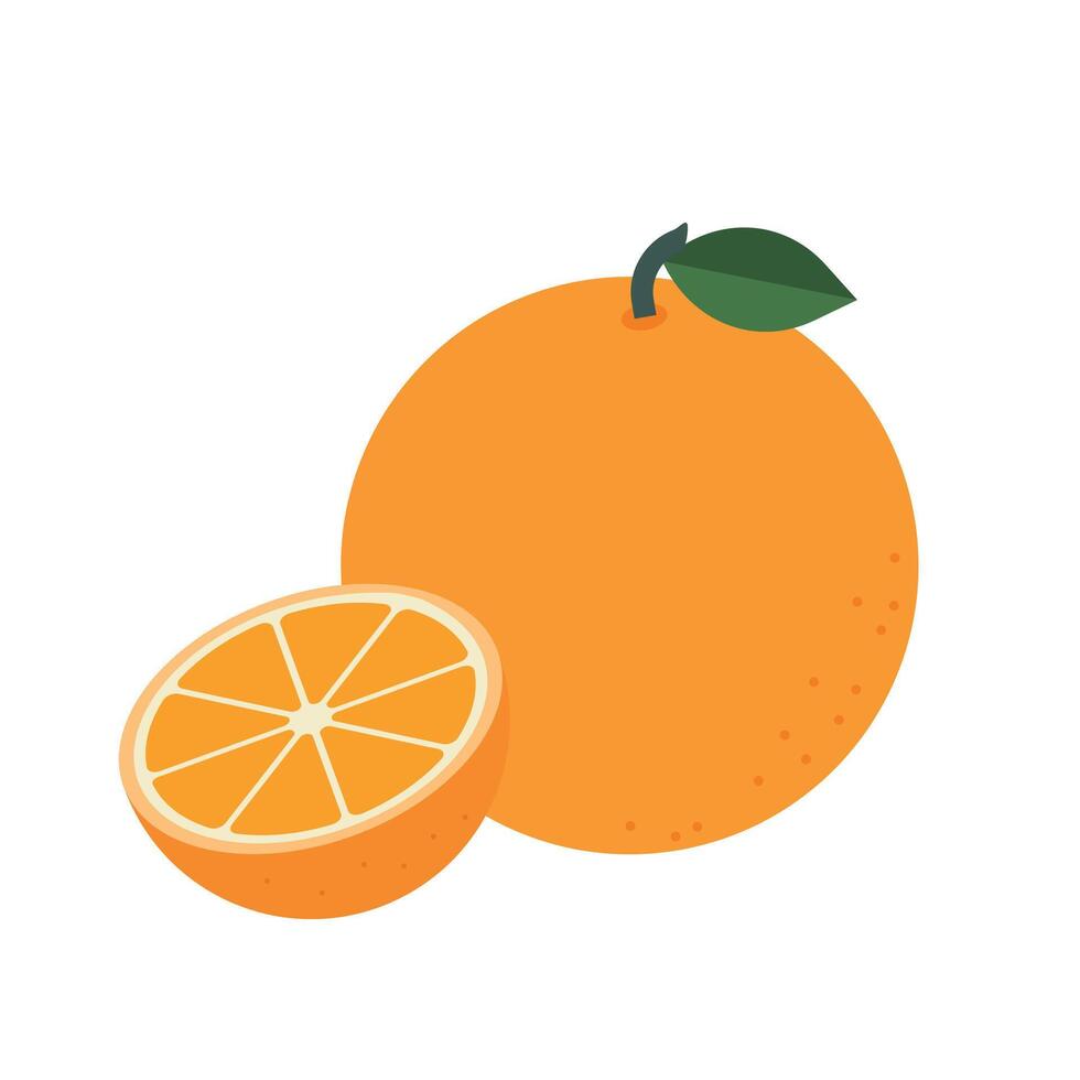 Flat style illustration of whole orange with green leaf and sliced half on white background for design use vector
