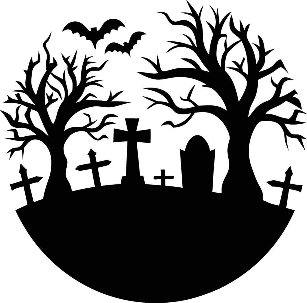 Creepy graveyard scene silhouette illustration vector