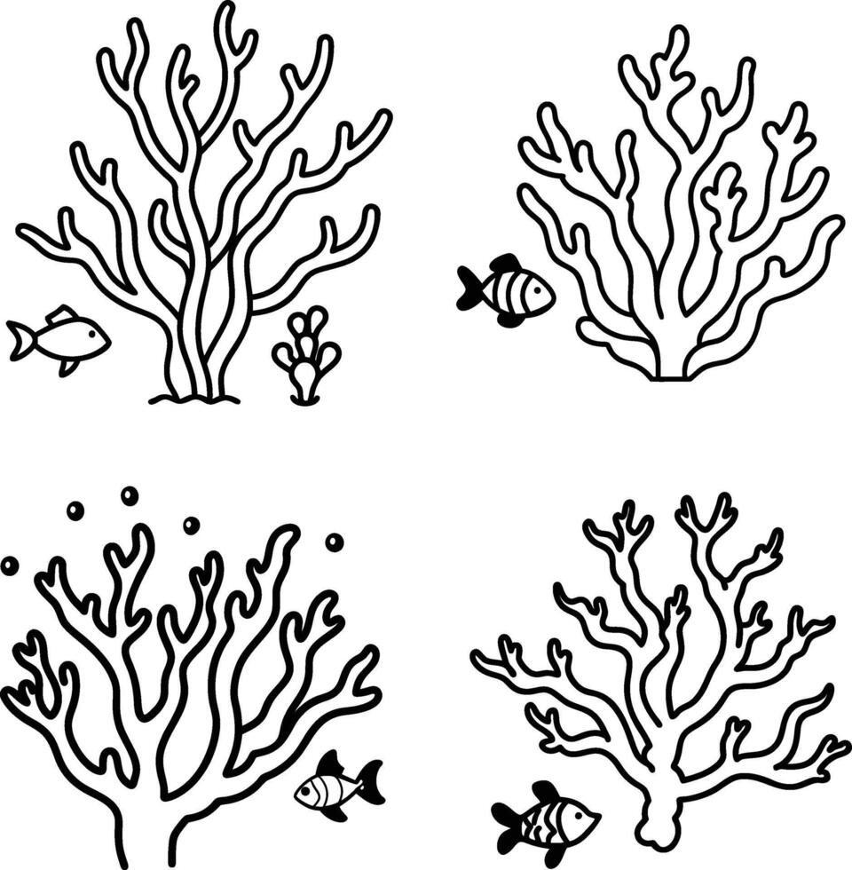 Coral reef with small fish line art illustration vector