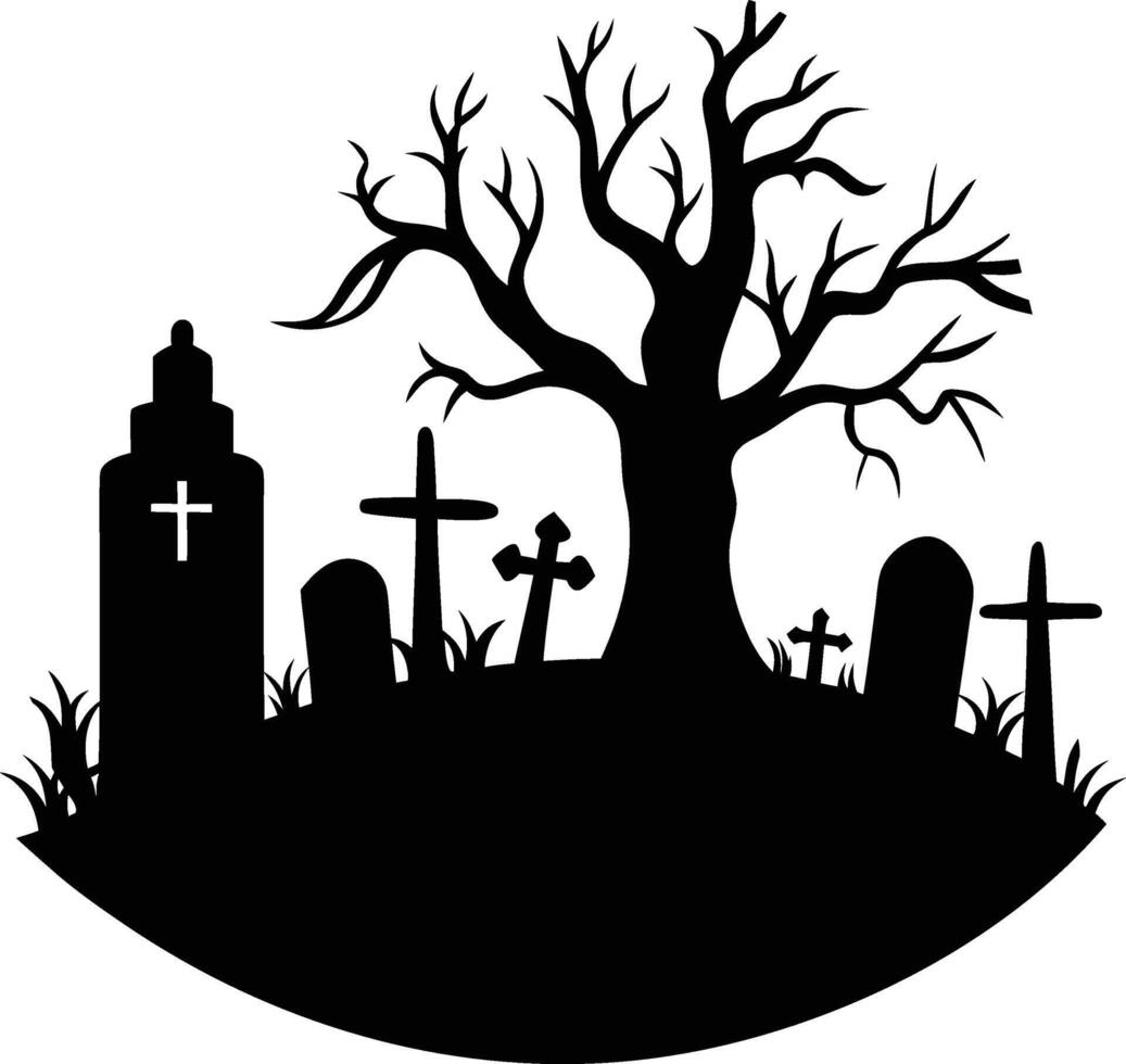 silhouette illustration of Creepy graveyard scene vector