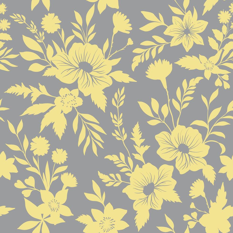 A seamless pattern featuring an elegant arrangement of golden silhouettes of flowers and leaves on gray background, natural botanical design vector