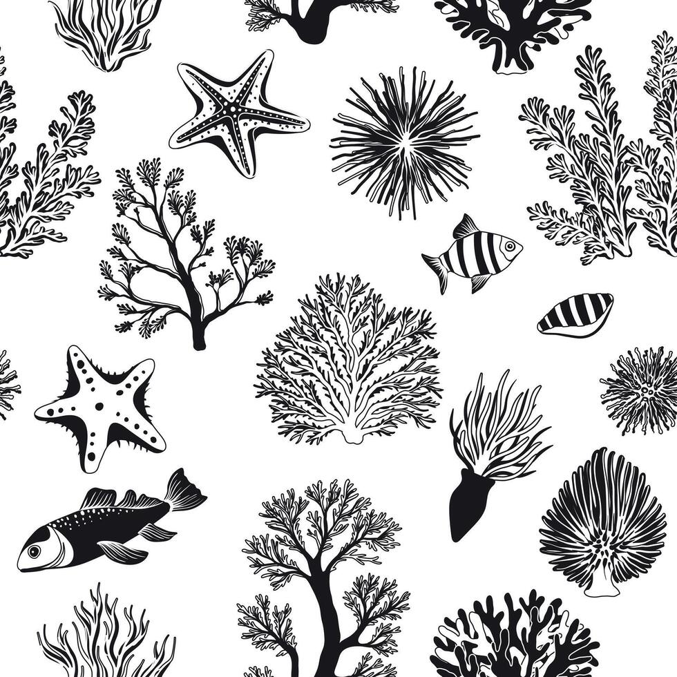 A illustration of Seamless pattern with silhouettes of coral, sea plants, fish, starfish, and marine elements, underwater theme vector