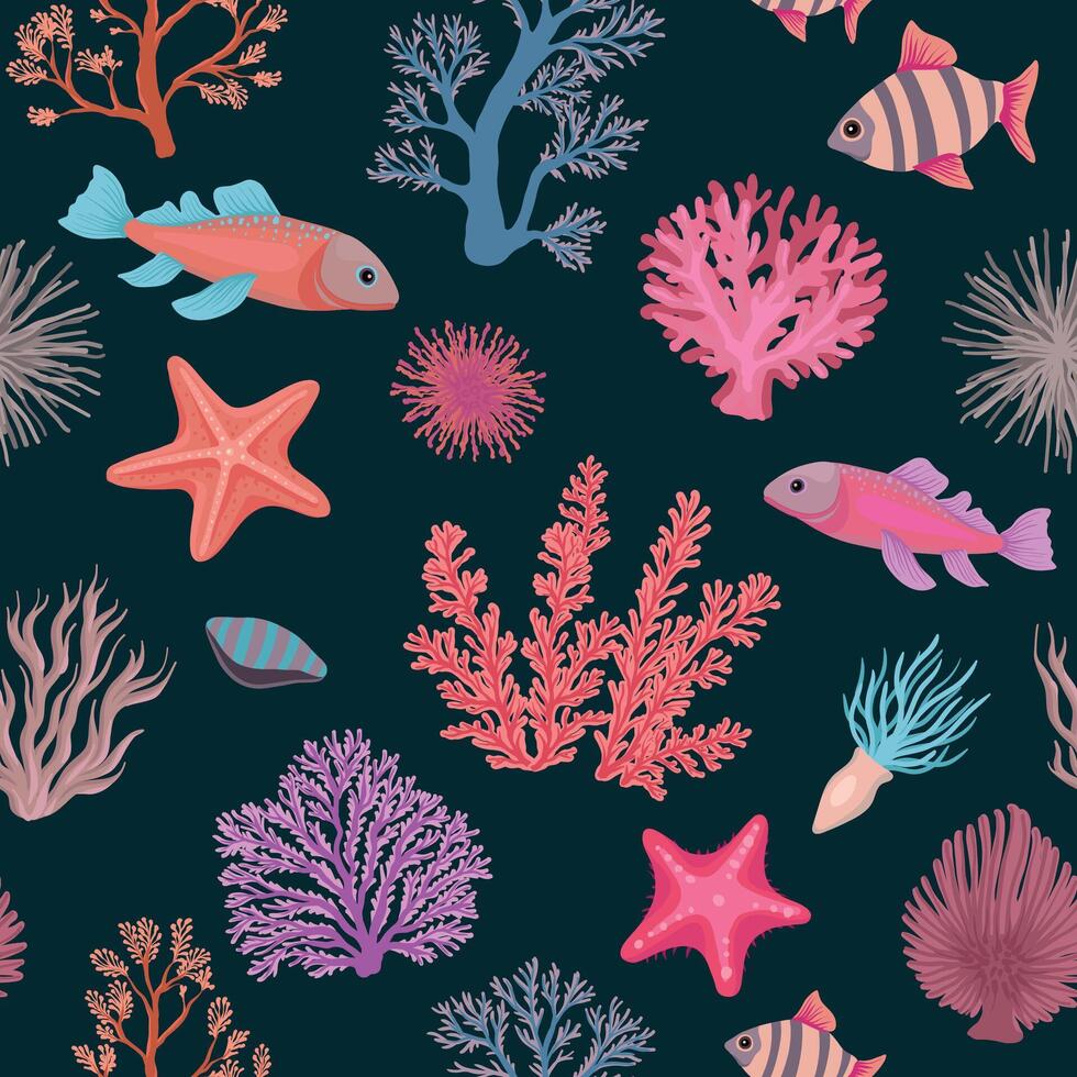 A illustration of Seamless pattern with collection of coral, sea plants, fish, starfish, and marine elements in a detailed and artistic underwater theme on dark background vector