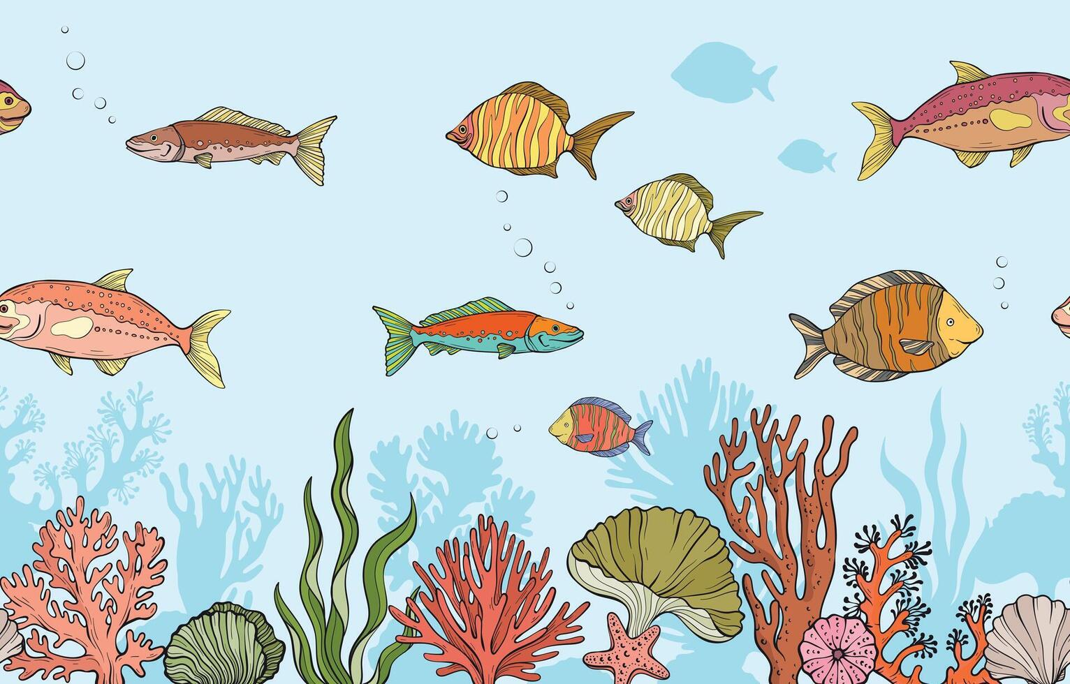 A seamless pattern depicting a vibrant underwater scene with colorful tropical fish swimming among coral reefs, seaweed, and marine flora on a light blue background vector