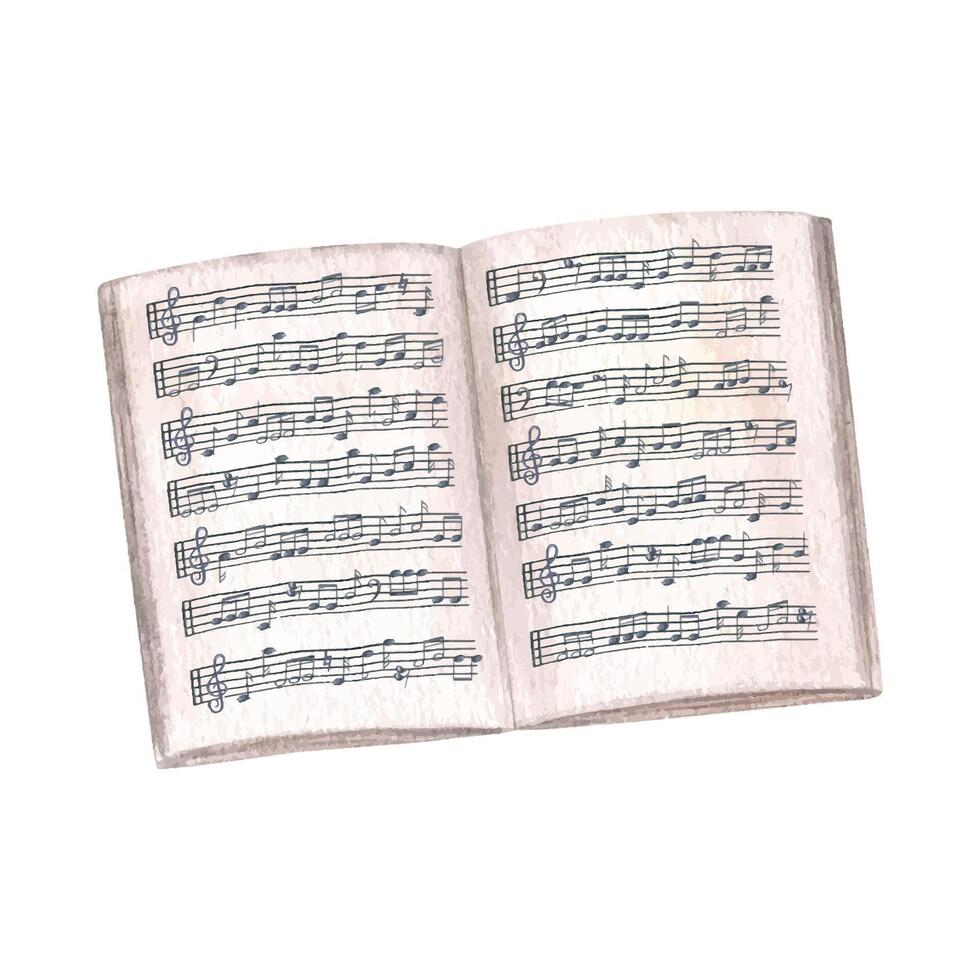 Open music notebook with staff and notes watercolor illustration isolated background. Music paper of book with note stave grid. Lined page template for composers, educators, and songwriters. vector