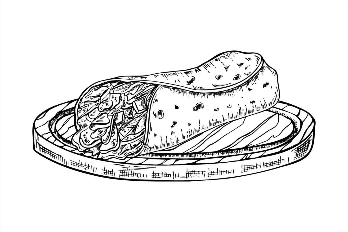 Tortilla wrap filled with meat and vegetables, placed on rustic wooden round board art. Traditional Mexican take away burritos for food packaging, menu designs, or healthy eating campaigns. vector