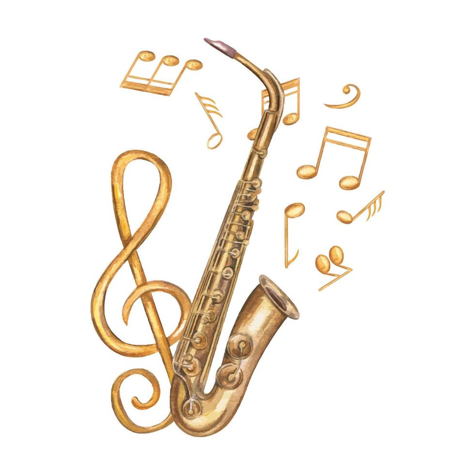 Watercolor golden Brass saxophone with floating music notes in air illustration isolated background. Classic bowed contrabass with stand jazz instrument. Orchestral bass for musical festival. vector