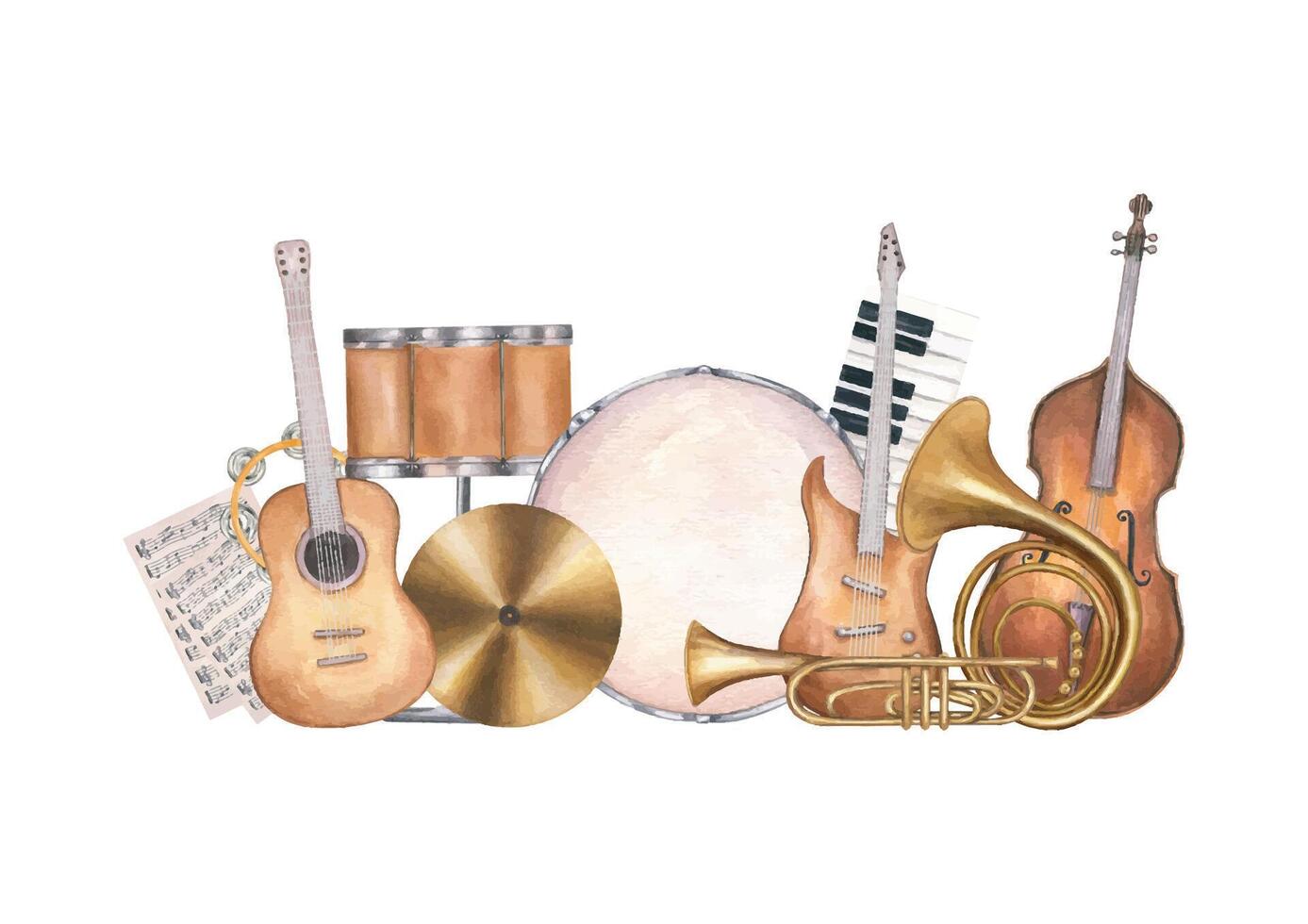 Musical instruments group watercolor illustration isolated background. Guitar, double bass, French horn, drum, piano and note page composition. For tutorials, festival posters. Jazz classical fusion vector