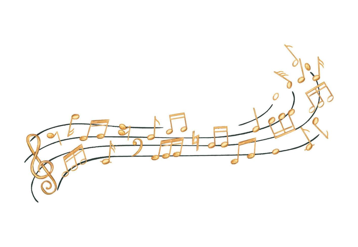 Golden musical notes on black staff watercolor illustration isolated background. Flying sound symbols on waving stave for music branding, educational materials, and concert posters. vector