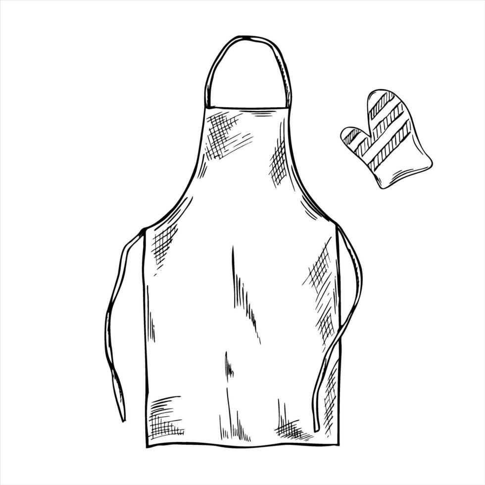 Canvas chef apron with neck tie and oven mitt monochrome illustration in black and white. Etching drawing of cooking textile uniform. Kitchen cloth for bakery logos and kitchen merch. vector