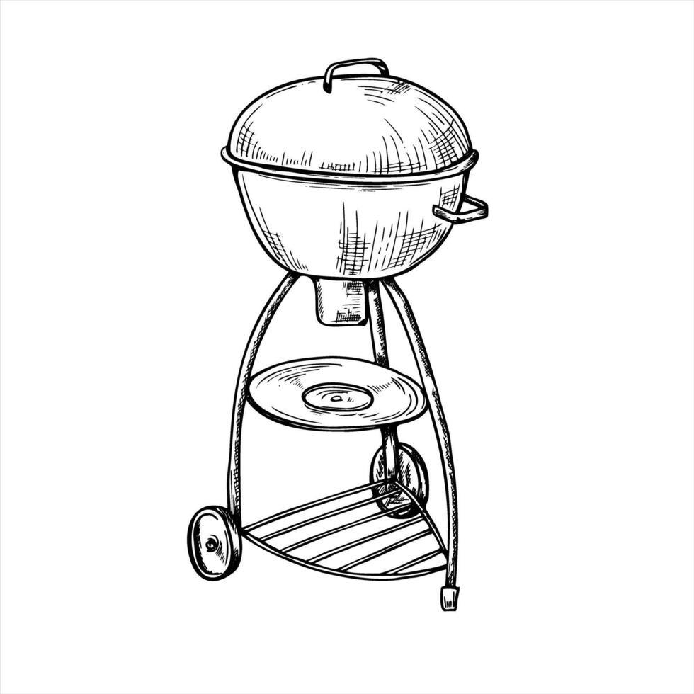 Compact kettle grill with wheels illustration painted by black inks. Etching drawing of modern portable BBQ mangal. Family sized travel barbecue for picnics, camping, and small gardens. vector