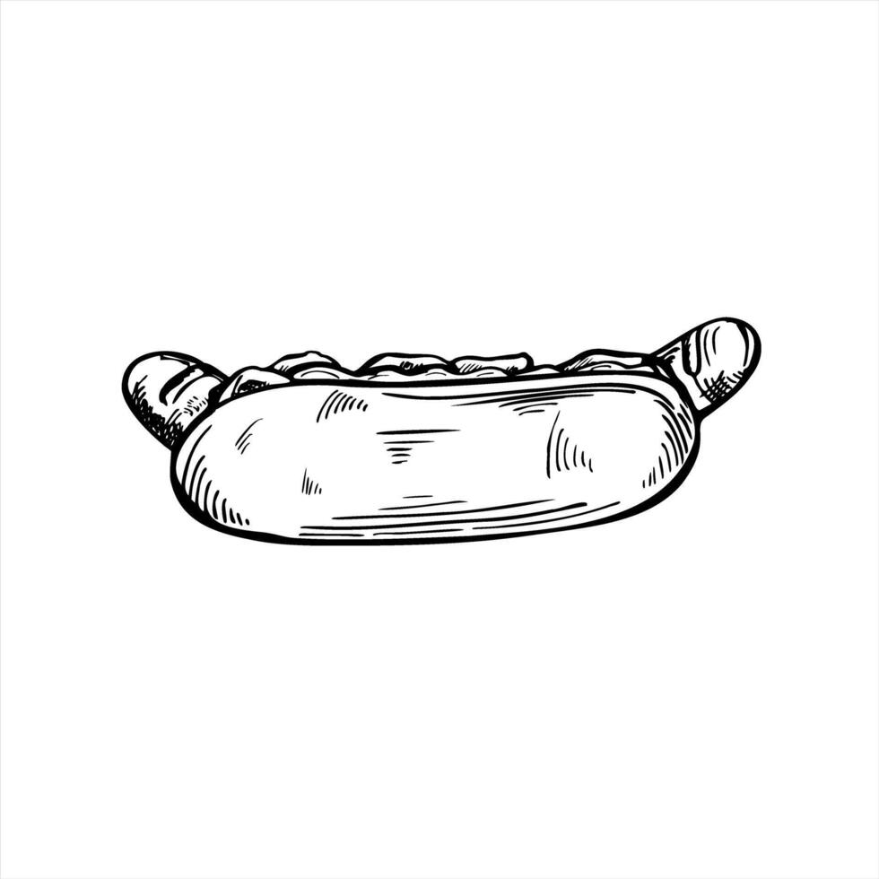 Monochrome frankfurter in bun with sauces line ink illustration in black and white. Classic sausage sandwich, hot dog style. American street food for menus, packaging, and diner branding vector