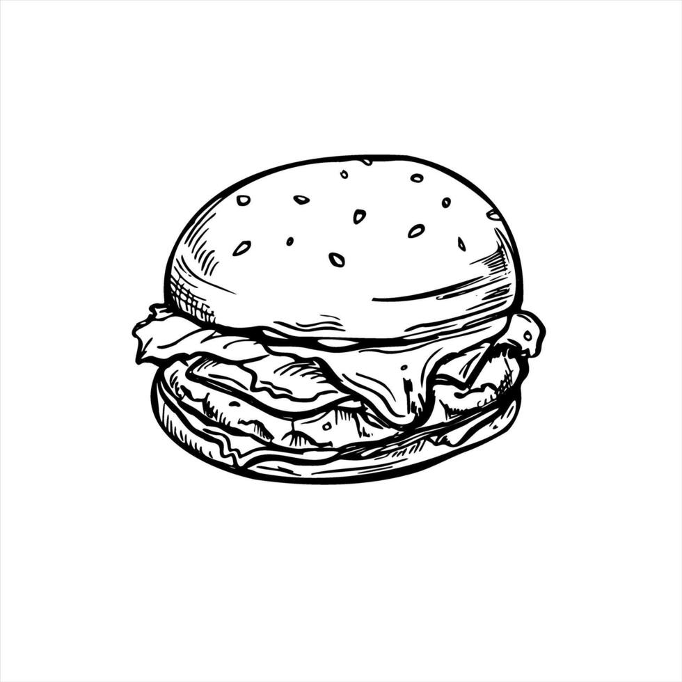 Monochrome sesame burger with meat, vegetables and sauce line art painted by black inks. Etching drawing of classic homemade beef sandwich for fast food logos, packaging, and menu design vector