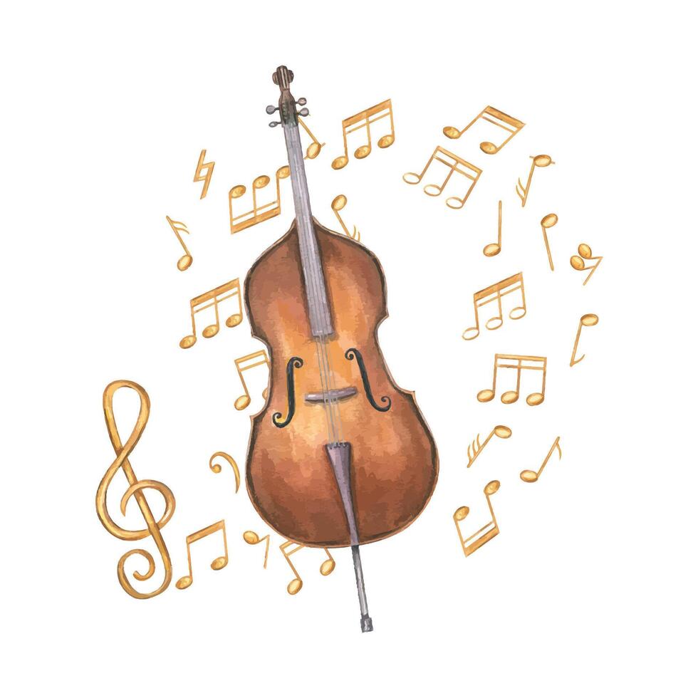 Watercolor wooden brown double bass and flying magical music notes illustration isolated background. Classic bowed contrabass with stand jazz instrument. Orchestral bass for musical festival. vector
