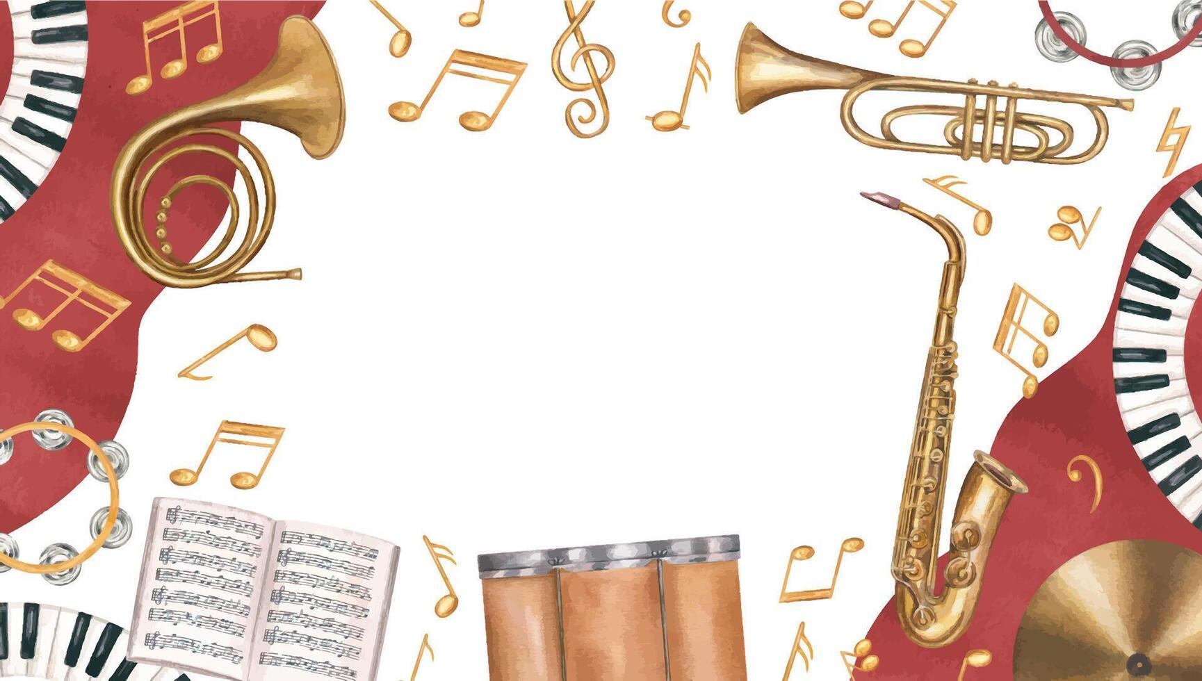 Watercolor percussion, string and wind instruments, musical notes, red splashes horizontal frame isolated background. Drum kit, double bass, piano, music notebook border with empty space for text. vector