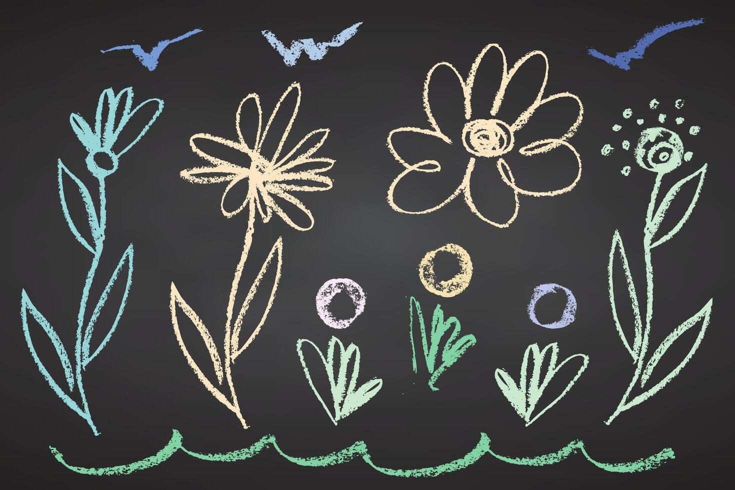 Collection of hand drawn charcoal doodle flower shapes Childish girly style. Pencil drawings Color elements on white background. Grunge chalk crayon scribbles doodles textures. illustration. vector