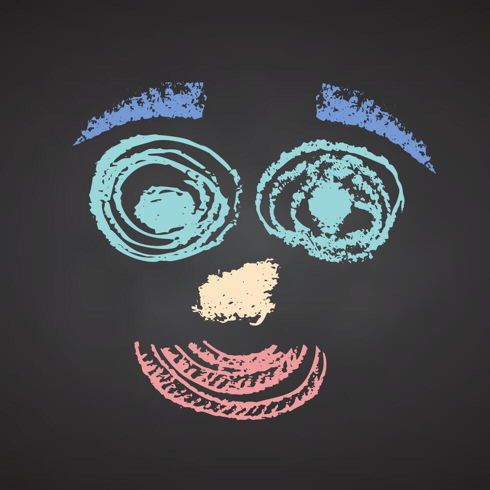 Funny clown square emoji face, comic avatar on black chalkboard. Smiley character showing different emotions Color chalk hand drawn collection doodle illustration vector