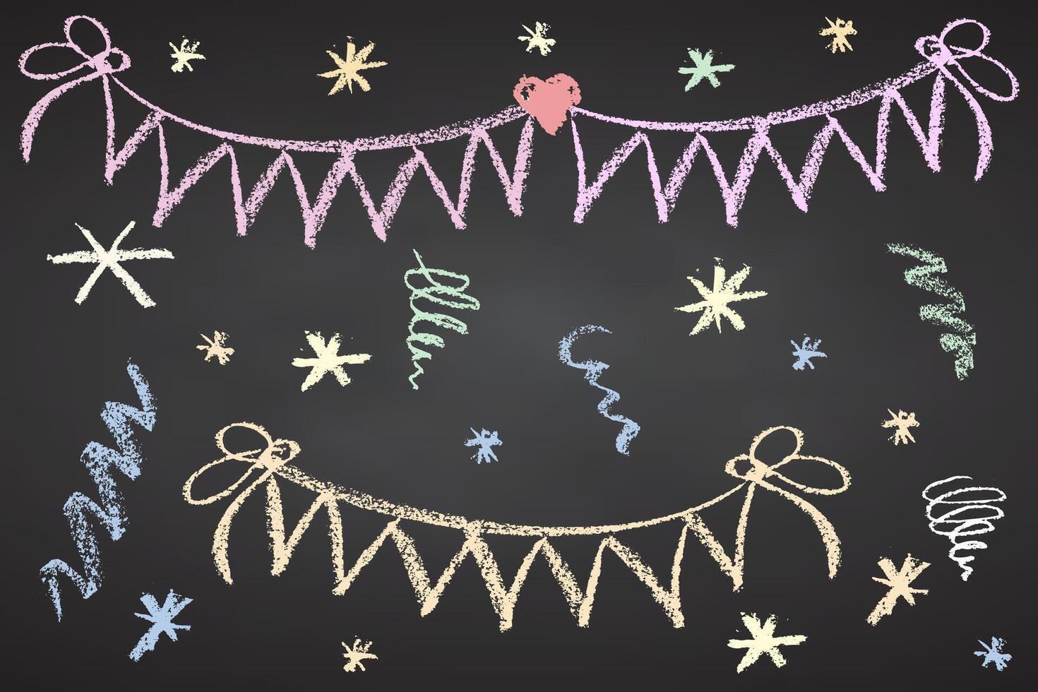Collection of hand drawn charcoal doodle birthday party simbol shapes Childish girly style. Pencil drawings Color elements on black chalkboard. illustration. vector