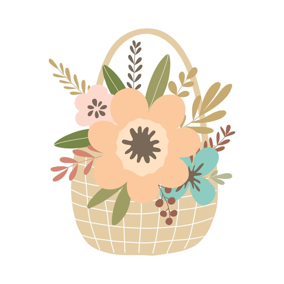 Hand drawn wicker basket with flowers vector