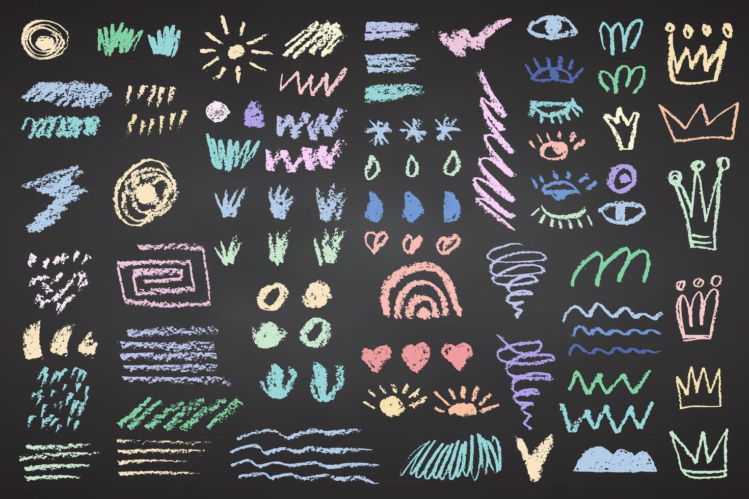 Charcoal pencil hand drawing curly groovy shapes, splash and squiggles. Color chalk elements on black chalkboard Grunge chalk crayon scribbles doodles texture Rough crayon stroke illustrations vector