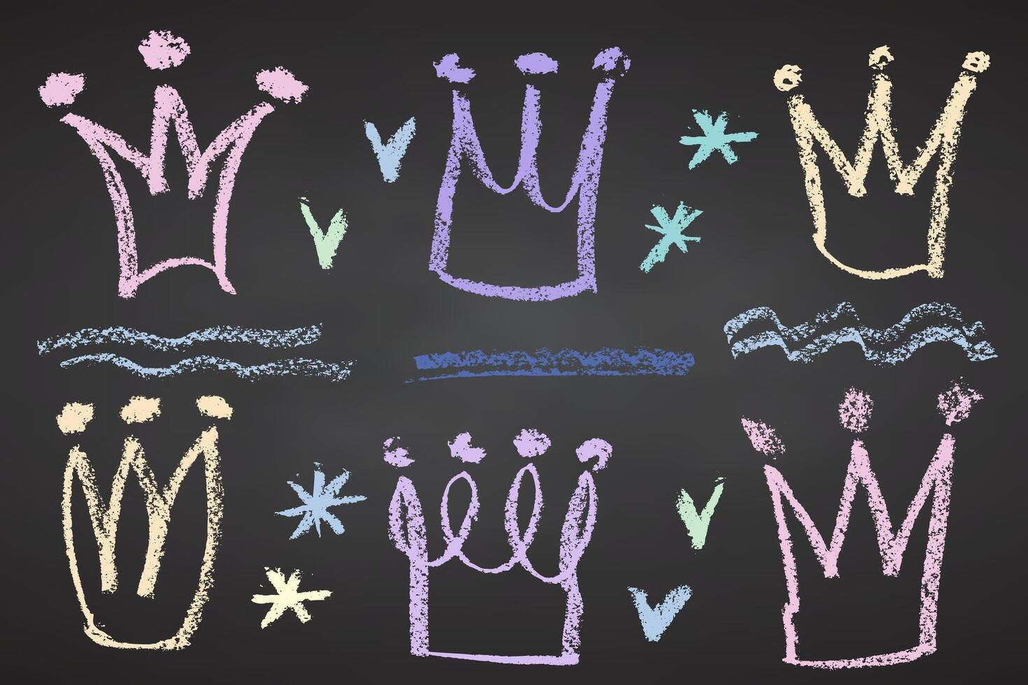 Collection of hand drawn charcoal doodle crown shapes Childish girly style. Pencil drawings Color elements on black chalkboard. Grunge chalk crayon scribbles doodles textures. illustration vector