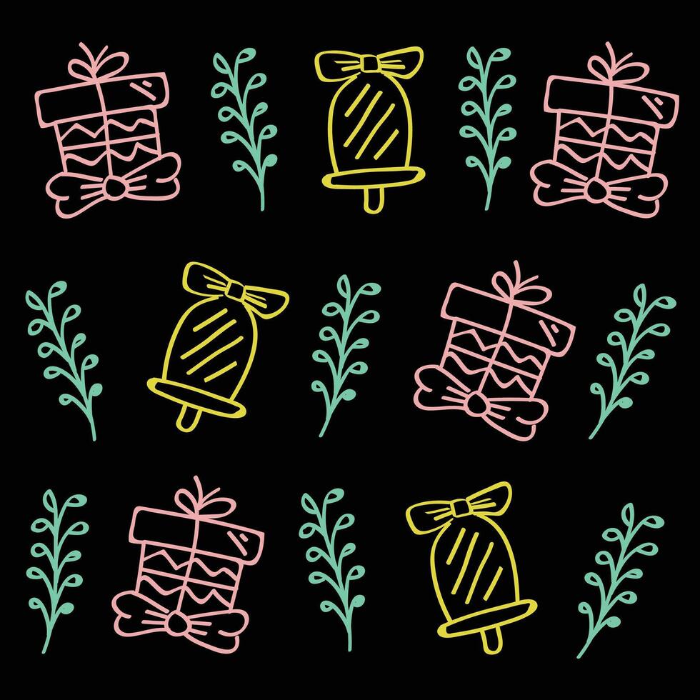 Seamless pattern holidays theme gift boxes and ring bells hand drawn icon texture vector