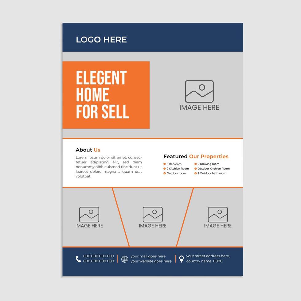 Real estate company flyer template design. Modern home sale poster with abstract geometric shape. Creative banner for housing or property business agency. Digital online marketing. vector