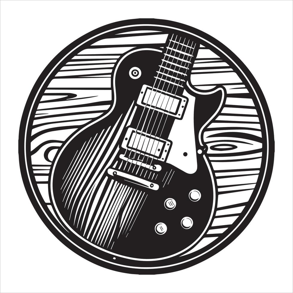 A black and white electric guitar in a circle vector