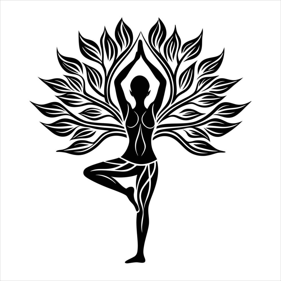 A woman in yoga pose with leaves on her body vector