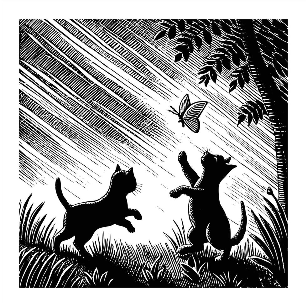 Two cats playing in the rain with a butterfly vector