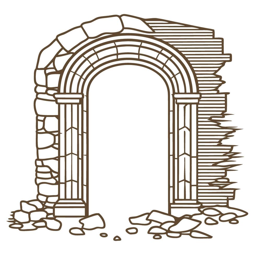 Ancient stone archway illustration with detailed columns and crumbling walls vector
