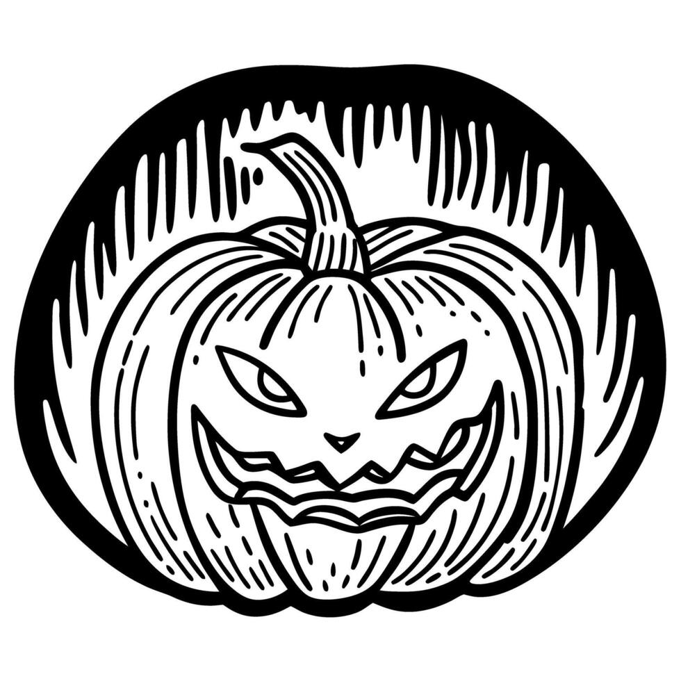 Grinning halloween pumpkin line art illustration with dark background vector