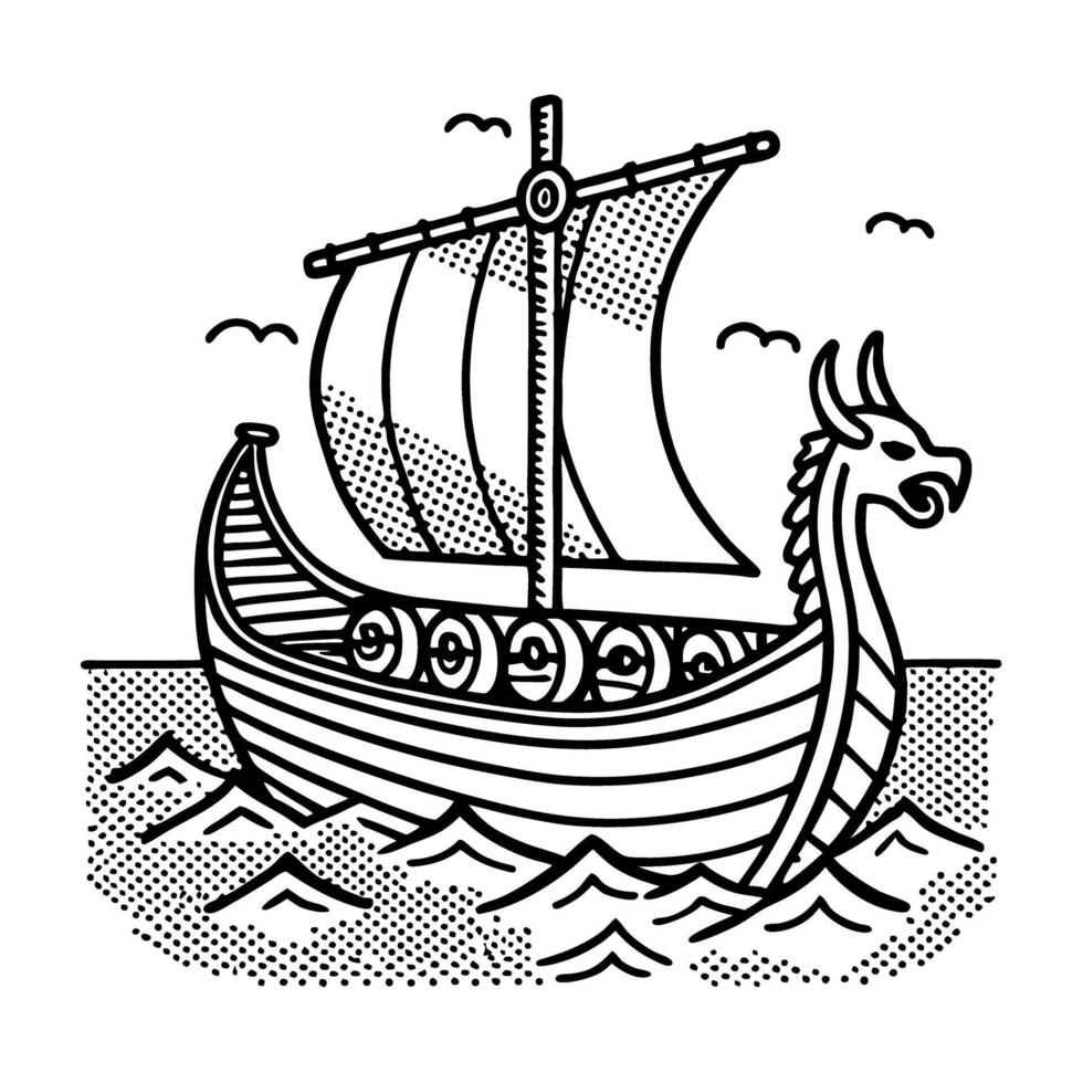 viking ship with dragon head sailing on waves nordic culture, ancient maritime adventure illustration vector