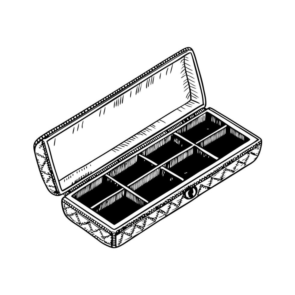 Open decorative box with compartments, intricately designed with textured details vector